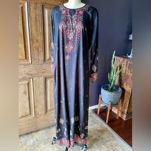 Black Boho Maxi Dress with Pink & Teal Print